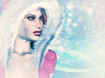 3d woman in pink cloth with fur on abstract winter background.