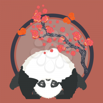 Cute cartoon panda bear with blooming sakura, kawaii animal design.