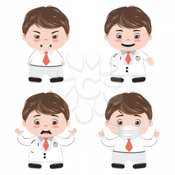 Cute cartoon doctor with medical equipment icons.