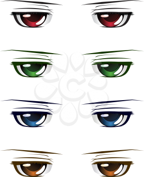 Manga, anime style male eyes of different colors set on white background.