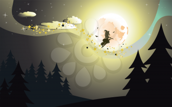Halloween background with flying witch silhouette on a broomstick in dark forest. 