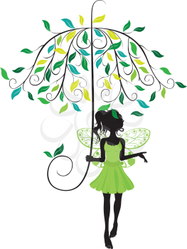 Abstract fairy silhouette with decorative floral umbrella.