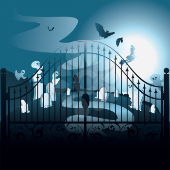 Halloween background with spooky old graveyard with iron gate.