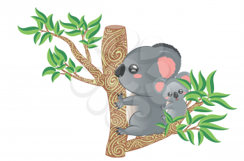 Cute cartoon grey koala bears, mother with babyon eucalyptus tree branch design.