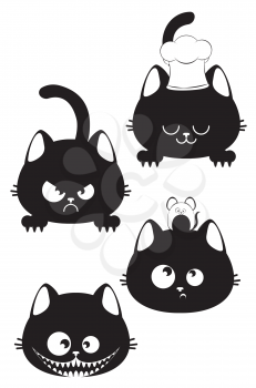 Cute black cat head with different expressions illustration.