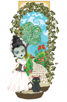 Bride of Frankenstein at the gate of secret garden illustration.