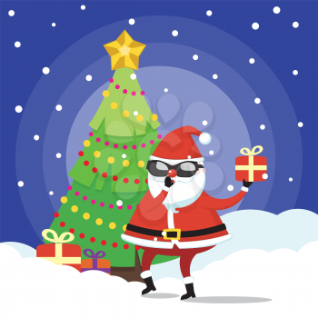Christmas banner with cartoon secret Santa in sunglasses.