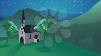 Ancient catholic church building in the night mountains illustration.