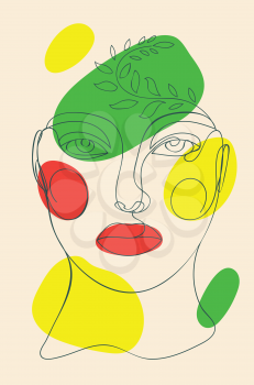 Contemporary line art style female portrait with colorful abstract shapes illustration.