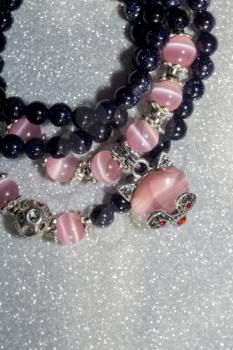 Fashion bracelet made of blue sand stone, aventurine with pink opal beads.