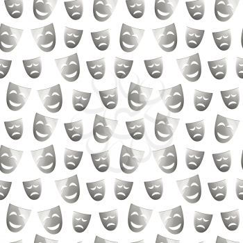 A lot of theatre masks of drama and comedy on white, seamless pattern