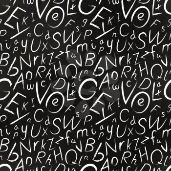 A lot of white chalk hand-drawn cursive letters on black school chalkboard with texture, seamless pattern