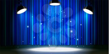 Bright blue curtain with bright spotlight lighting, retro theater stage wide background