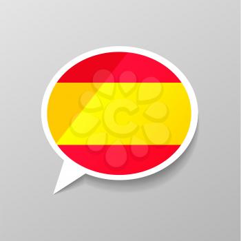 Bright glossy sticker in speech bubble shape with Spain flag, spanish language concept on gray