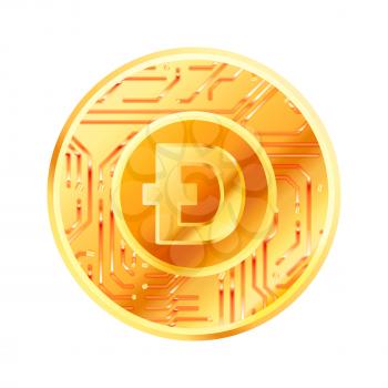 Bright golden coin with microchip pattern and Dogecoin sign. Cryptocurrency concept isolated on white