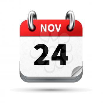 Bright realistic icon of calendar with 24 november date on white