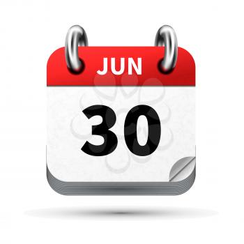 Bright realistic icon of calendar with 30 june date on white