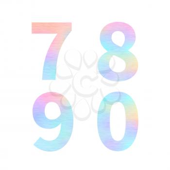 Modern 7 8 9 0 letters with bright colorful holographic foil texture on white