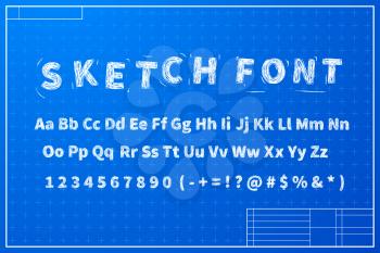 White sketch font on blueprint layout plan with marks