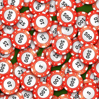 A lot of red casino chips on green cloth, seamless pattern