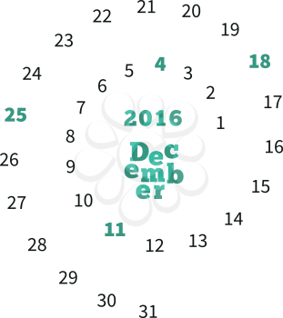 Creative calendar on December 2016 with dates on spiral