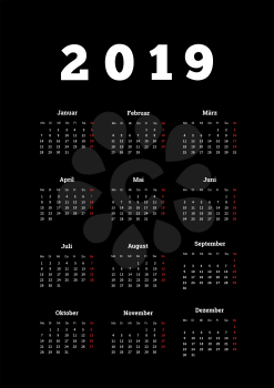 2019 year simple calendar on german language on dark background, a4 vertical sheet