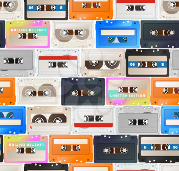 Colorful detailed audio cassettes in a row, vintage tape retro seamless pattern