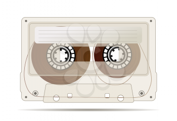 Realistic detailed audio cassette made from transparent brown plastic with magnetic tape, vintage object on white