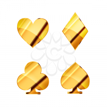 Set of glossy golden card suits icons like hearts, diamond, spades and clubs on white