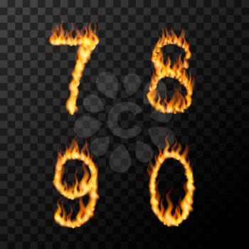 Bright realistic fire flames in 7 8 9 0 letters shape, hot font concept on transparent background