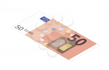 Flat fifty euro banknote in isometric view isolated on white