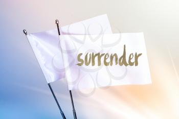 SURRENDER word written on white flag in display