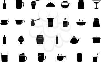 Container for storing drinks and food black color set solid style vector illustration