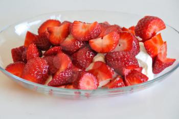 Fresh strawberries and yogurt dessert fruit background.