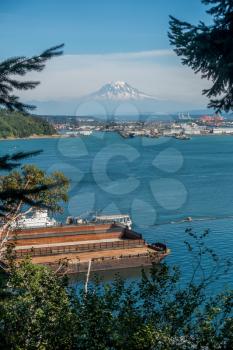 A view of the Port of Tacoma with Mount Rainier in the distance.