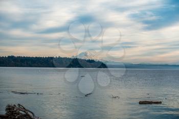 A view of Mount Rainier from Three Tree Point in Burien, Washington.