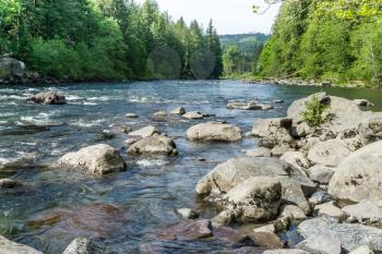 A view of the Snoqualmie River with evergreen trees.