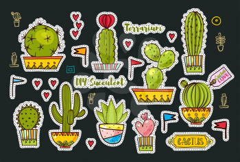Set Fashion patches, brooches with cacti, hearts, flags. Cute Vector Doodles funny, clothes pins, jacket, stickers, patches, pins, badges. Cartoon style of the 80s, 90s Modern Pop Art Embroidery
