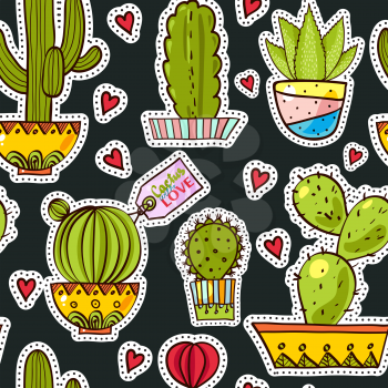 Fashion pop art seamless pattern with cactus. Cute, funny comics succulents in 80s, 90s. Texture for scrapbooking, wrapping paper, textiles, web page, textile wallpapers, surface design, fashion