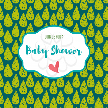 Baby shower invitation card  with copy space, frame border vintage. Hand drawn style. Trend green flash color.