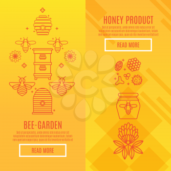 Sunny set Banners honey product. Juicy colors, linear icons with bees, honeycombs, apiculture devices, for advertising apitherapy products, beekeeping, cosmetic preparations, creams, soaps medicines