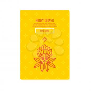 Sunny clover Banner honey product. Juicy colors, linear icons with bees, honeycombs, apiculture devices, for advertising apitherapy products, beekeeping, cosmetic preparations, creams, soaps medicines