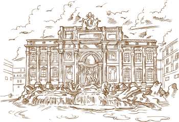 sketch of Trevi Fountain in retro style