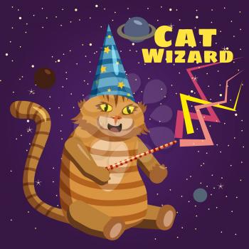 Cat wizard, character, background stars of the planet, meme, magic wand, cartoon style vector