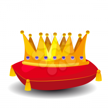Gold crown with precious stones, on red pillow, cartoon style
