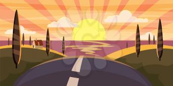 Cartoon landscape with road, higway and sunset summer, sea, sun, trees