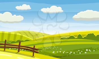 Felds and hills rural landscape. Cartoon countryside valley with green hills trees flowers blue sky