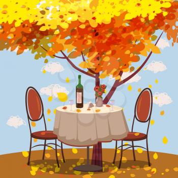 Autumn cafe table with wine for two persons autumn branches of falling leaves foliage, chairs