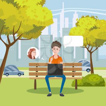 Illustration of a Teen Girl Using Her Laptop in a Bench in the Park