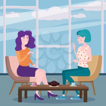 Romantic meeting of two girlfriends in a cafe. Sit drinking tea in chairs, have fun and relaxation